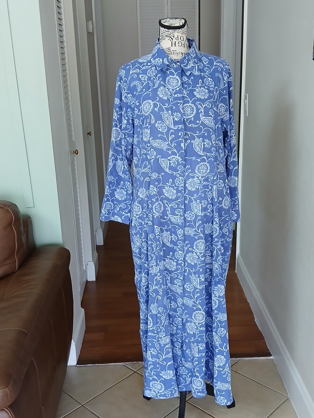 Julia Amory Blue White Floral Button Down Midi Shirt Dress